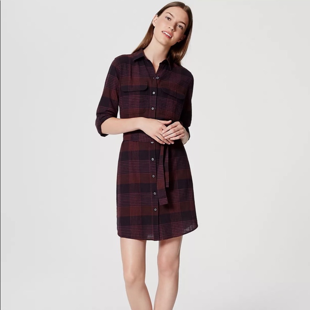 Loft Purple Plaid Tie Waist Shirtdress